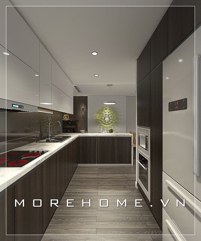 Mẫu tủ bếp gỗ công nghiệp chữ L, mặt bếp ốp đá trắng vân mây cao cấp mang đến không gian bếp sạch sẽ và sang trọng Tủ bếp đẹp